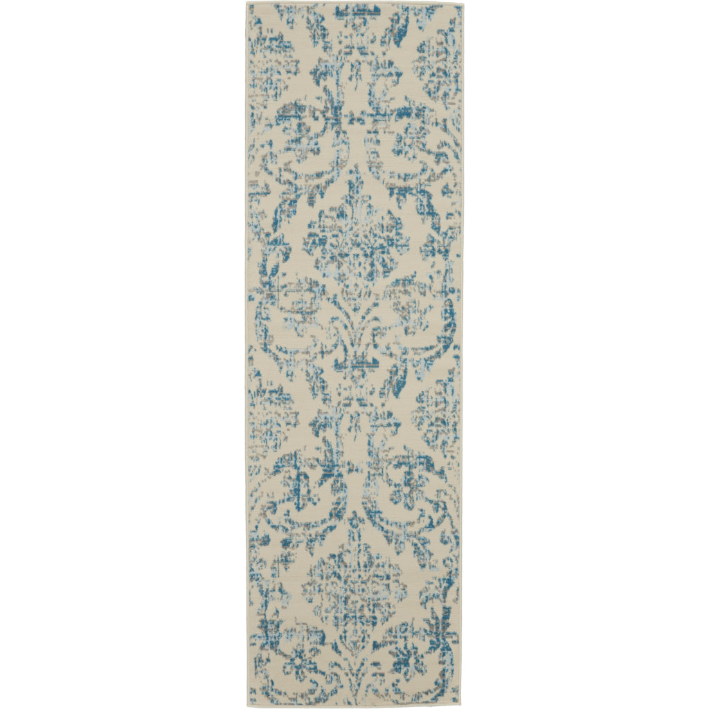 Nourison Home Jubilant JUB09 Blue Indoor Runner - Classic Damask Pattern Medium Pile Runner-