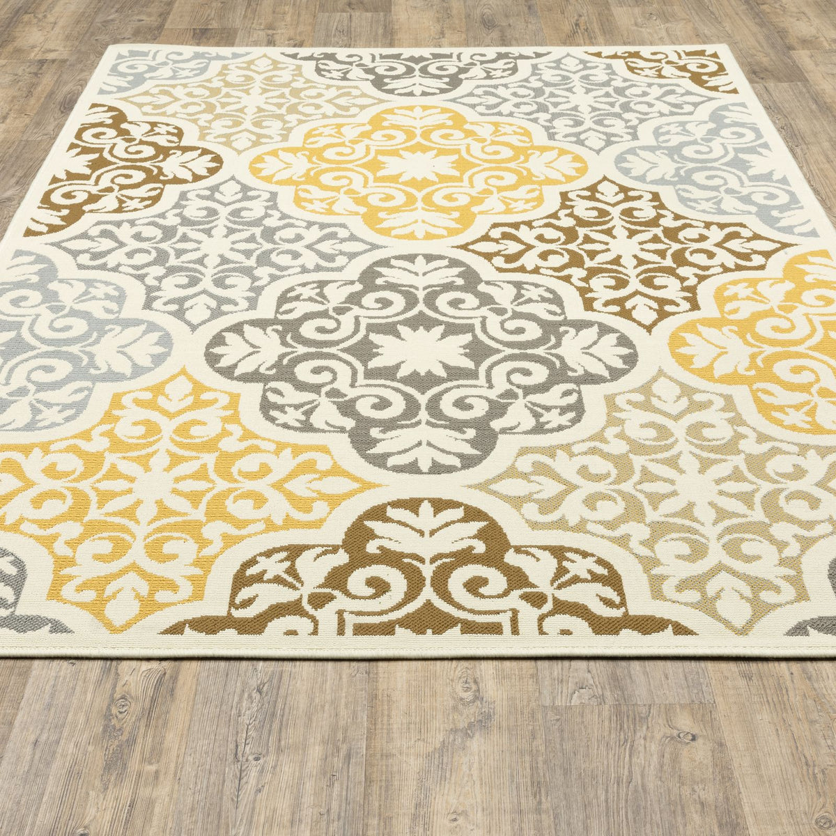 Oriental Weavers Bali 4904W Ivory/Grey Rectangle Indoor / Outdoor Area Rug - Trendy Stain Resistant Machine Made Patio Rug with Floral Pattern