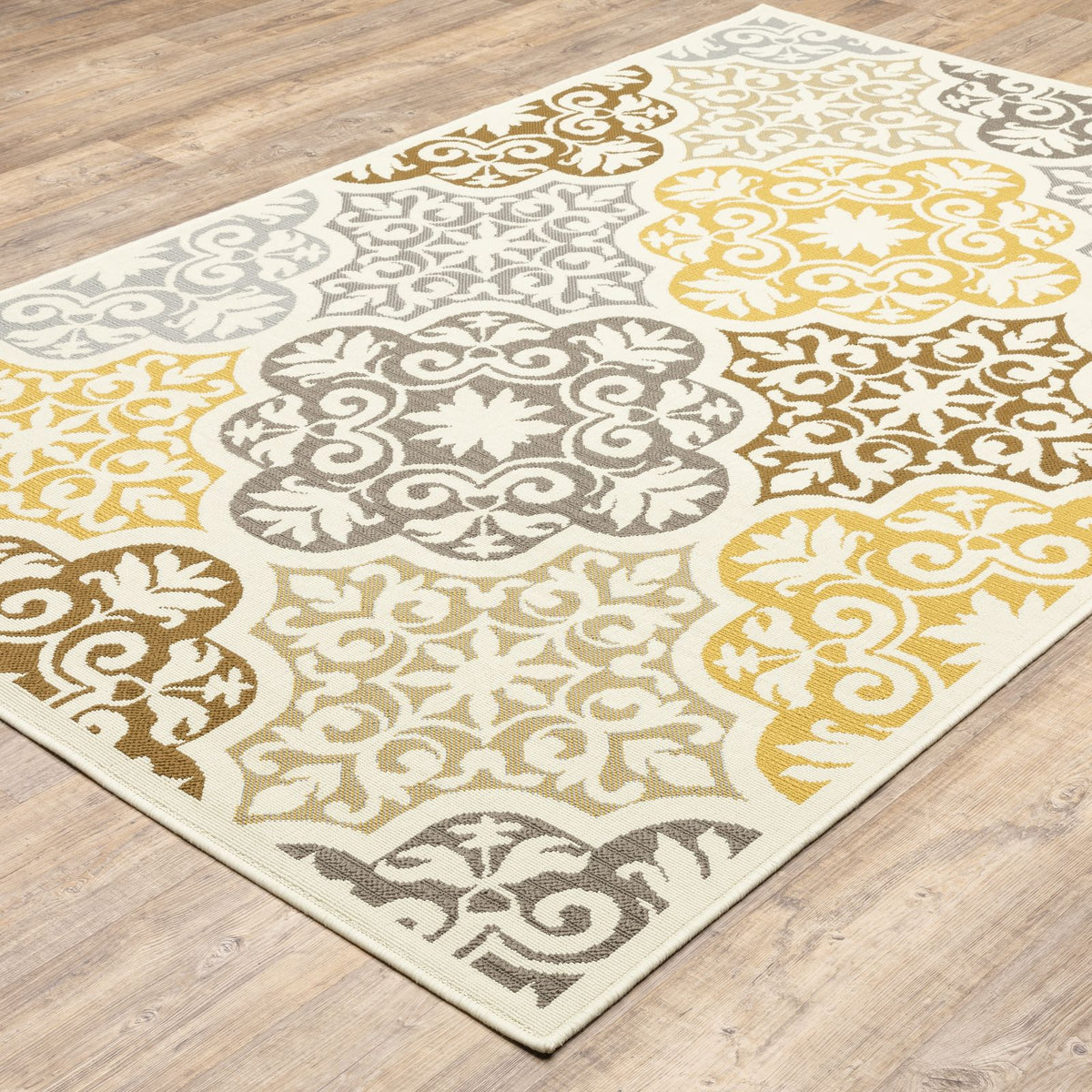 Oriental Weavers Bali 4904W Ivory/Grey Rectangle Indoor / Outdoor Area Rug - Trendy Stain Resistant Machine Made Patio Rug with Floral Pattern