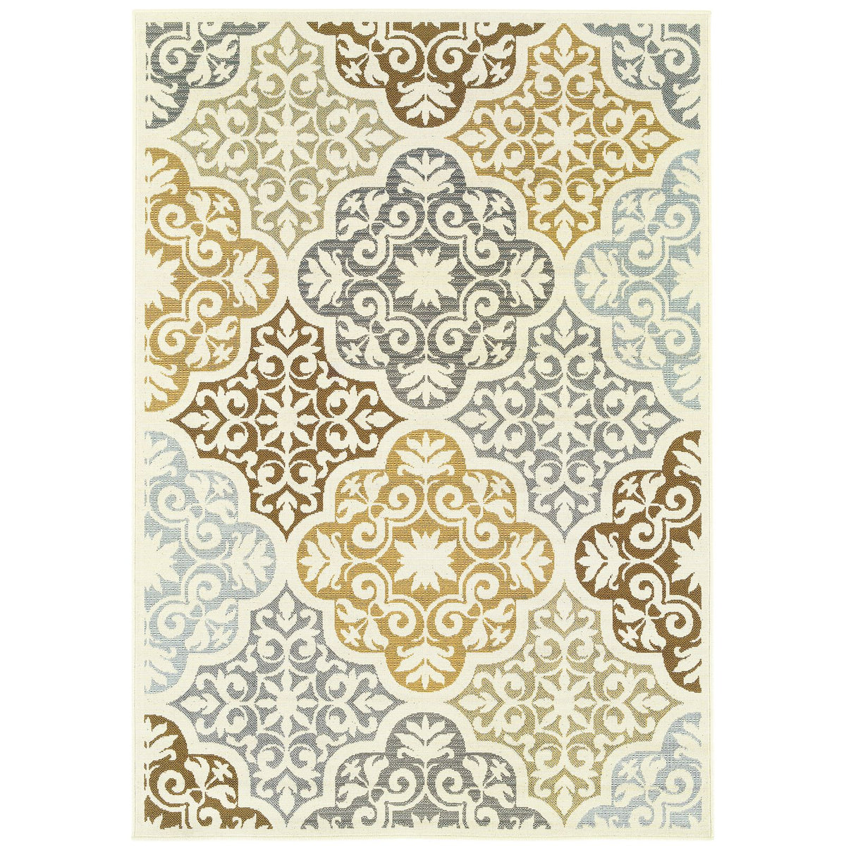 Oriental Weavers Bali 4904W Ivory/Grey Rectangle Indoor / Outdoor Area Rug - Trendy Stain Resistant Machine Made Patio Rug with Floral Pattern