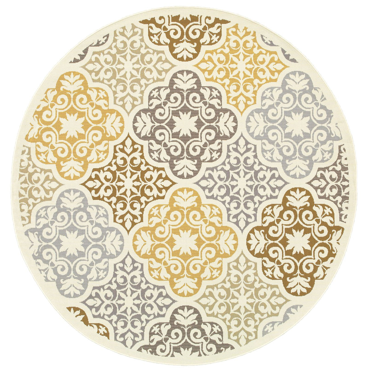 Oriental Weavers Bali 4904W Ivory/Grey Round Indoor / Outdoor Area Rug - Trendy Stain Resistant Machine Made Rug for Dining &amp; Living Spaces