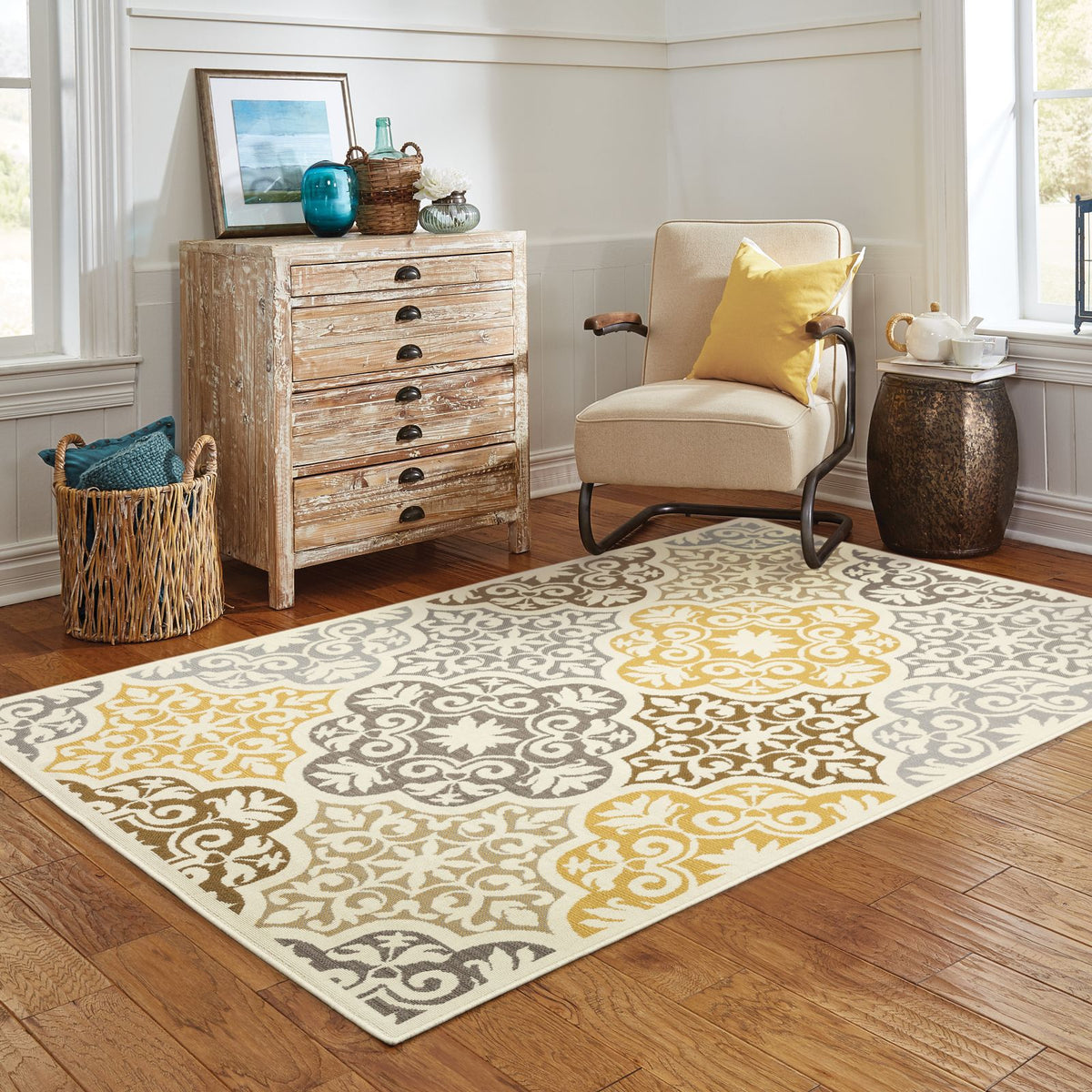 Oriental Weavers Bali 4904W Ivory/Grey Rectangle Indoor / Outdoor Area Rug - Trendy Stain Resistant Machine Made Patio Rug with Floral Pattern