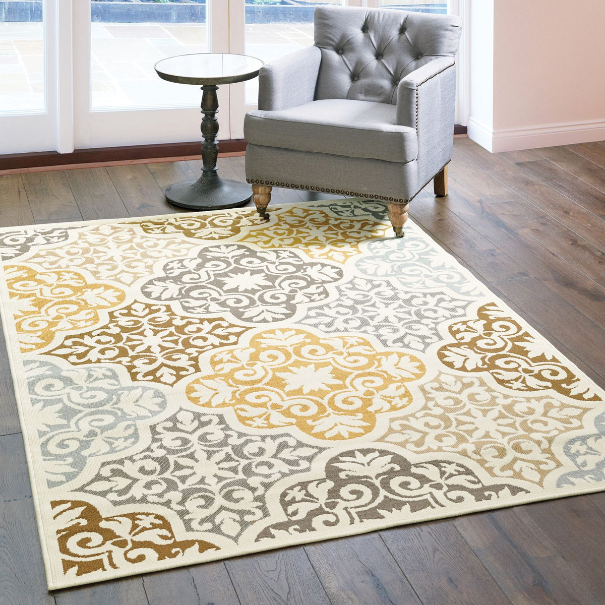 Oriental Weavers Bali 4904W Ivory/Grey Rectangle Indoor / Outdoor Area Rug - Trendy Stain Resistant Machine Made Patio Rug with Floral Pattern