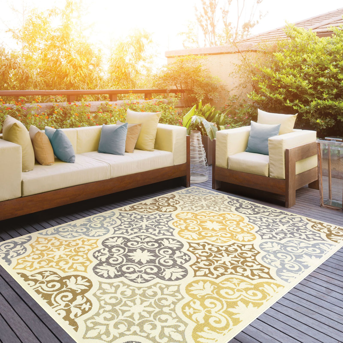 Oriental Weavers Bali 4904W Ivory/Grey Rectangle Indoor / Outdoor Area Rug - Trendy Stain Resistant Machine Made Patio Rug with Floral Pattern