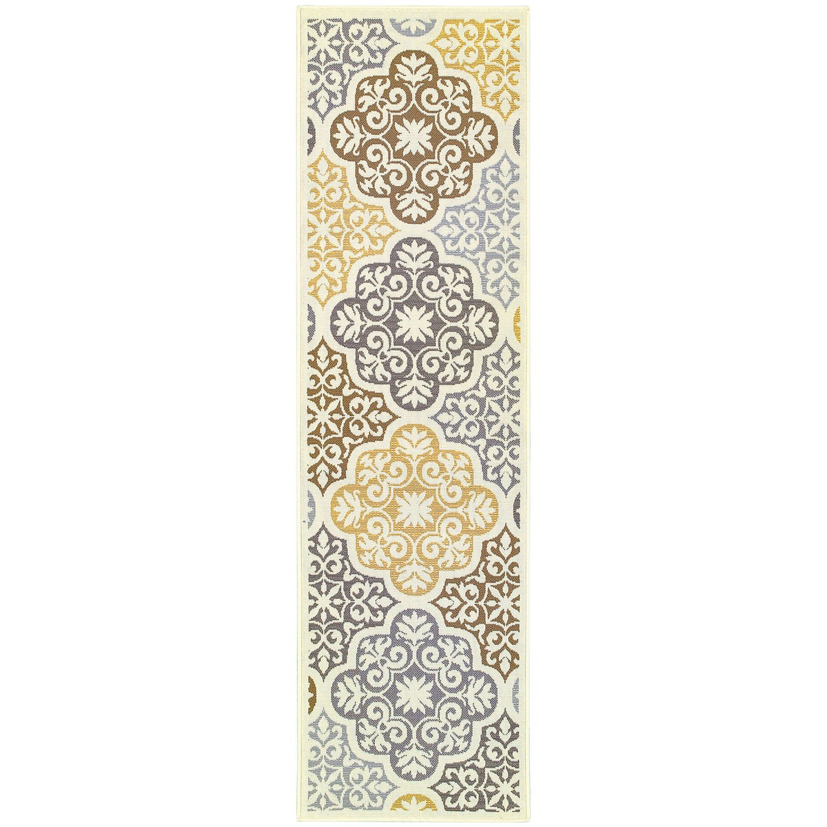 Oriental Weavers Bali 4904W Ivory/Grey Rectangle Indoor / Outdoor Runner - Trendy Stain Resistant Machine Made Entryway &amp; Hallway Runner with Floral Pattern