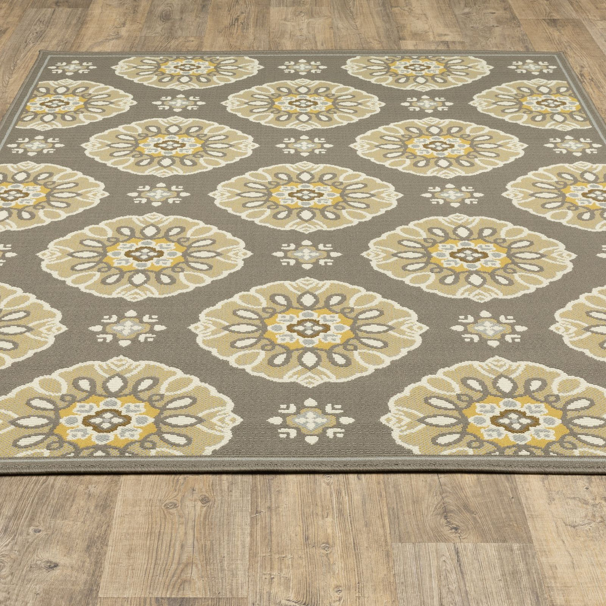 Oriental Weavers Bali 5863N Grey/Gold Rectangle Indoor / Outdoor Area Rug - Trendy Stain Resistant Machine Made Patio Rug with Floral Pattern