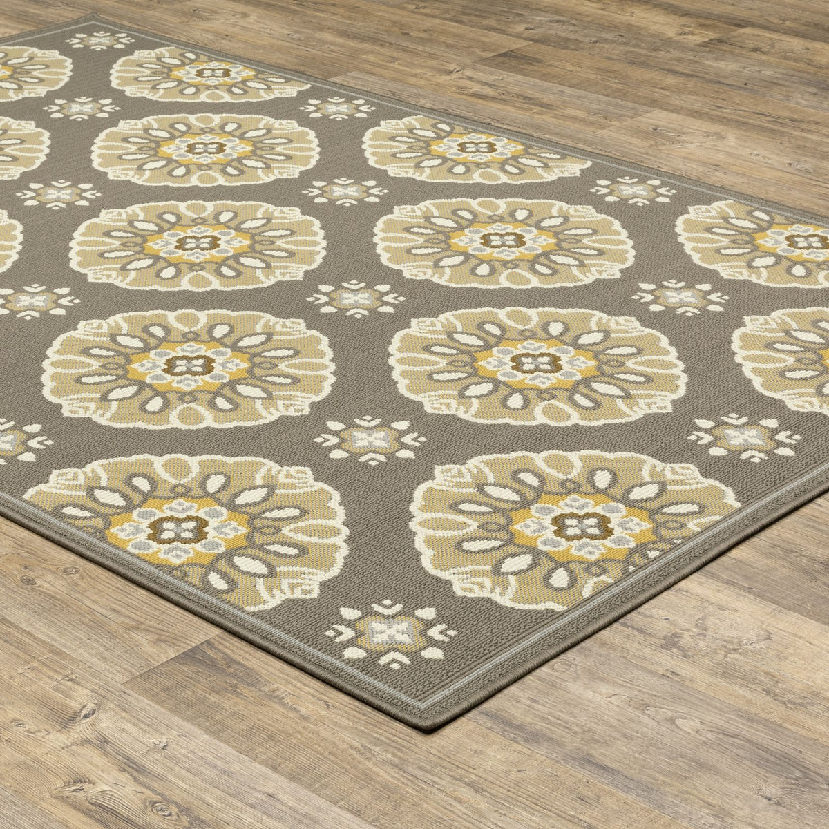 Oriental Weavers Bali 5863N Grey/Gold Rectangle Indoor / Outdoor Area Rug - Trendy Stain Resistant Machine Made Patio Rug with Floral Pattern