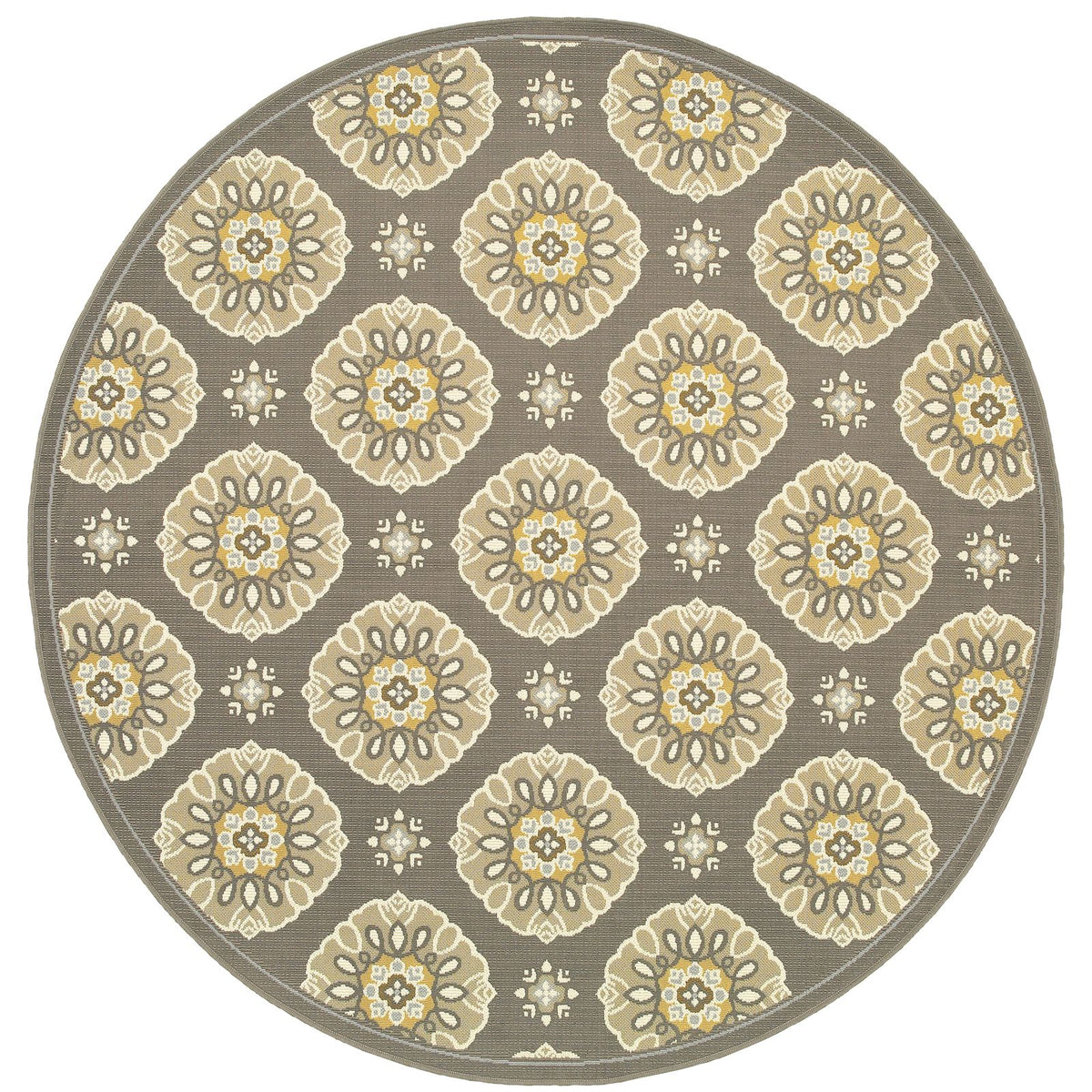 Oriental Weavers Bali 5863N Grey/Gold Round Indoor / Outdoor Area Rug - Trendy Stain Resistant Machine Made Rug for Dining &amp; Living Spaces