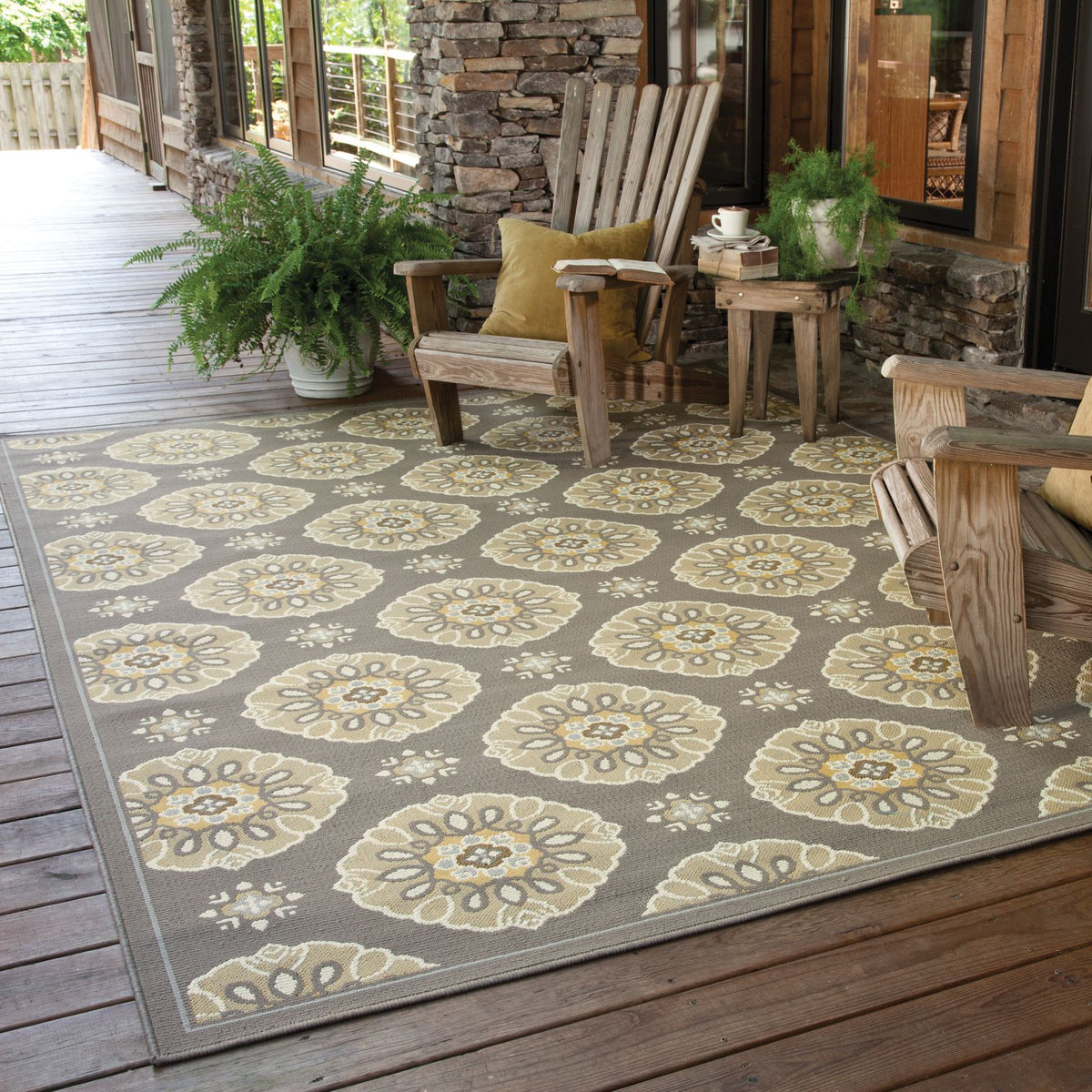 Oriental Weavers Bali 5863N Grey/Gold Rectangle Indoor / Outdoor Area Rug - Trendy Stain Resistant Machine Made Patio Rug with Floral Pattern