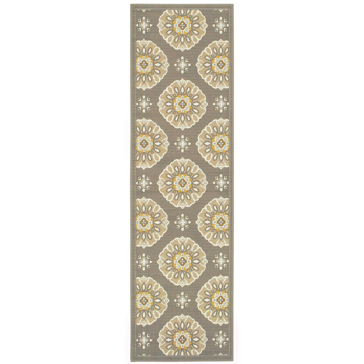 Oriental Weavers Bali 5863N Grey/Gold Rectangle Indoor / Outdoor Runner - Trendy Stain Resistant Machine Made Entryway &amp; Hallway Runner with Floral Pattern