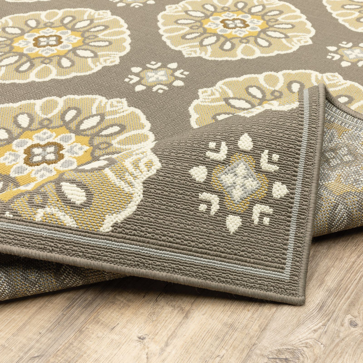 Oriental Weavers Bali 5863N Grey/Gold Rectangle Indoor / Outdoor Runner - Trendy Stain Resistant Machine Made Entryway &amp; Hallway Runner with Floral Pattern