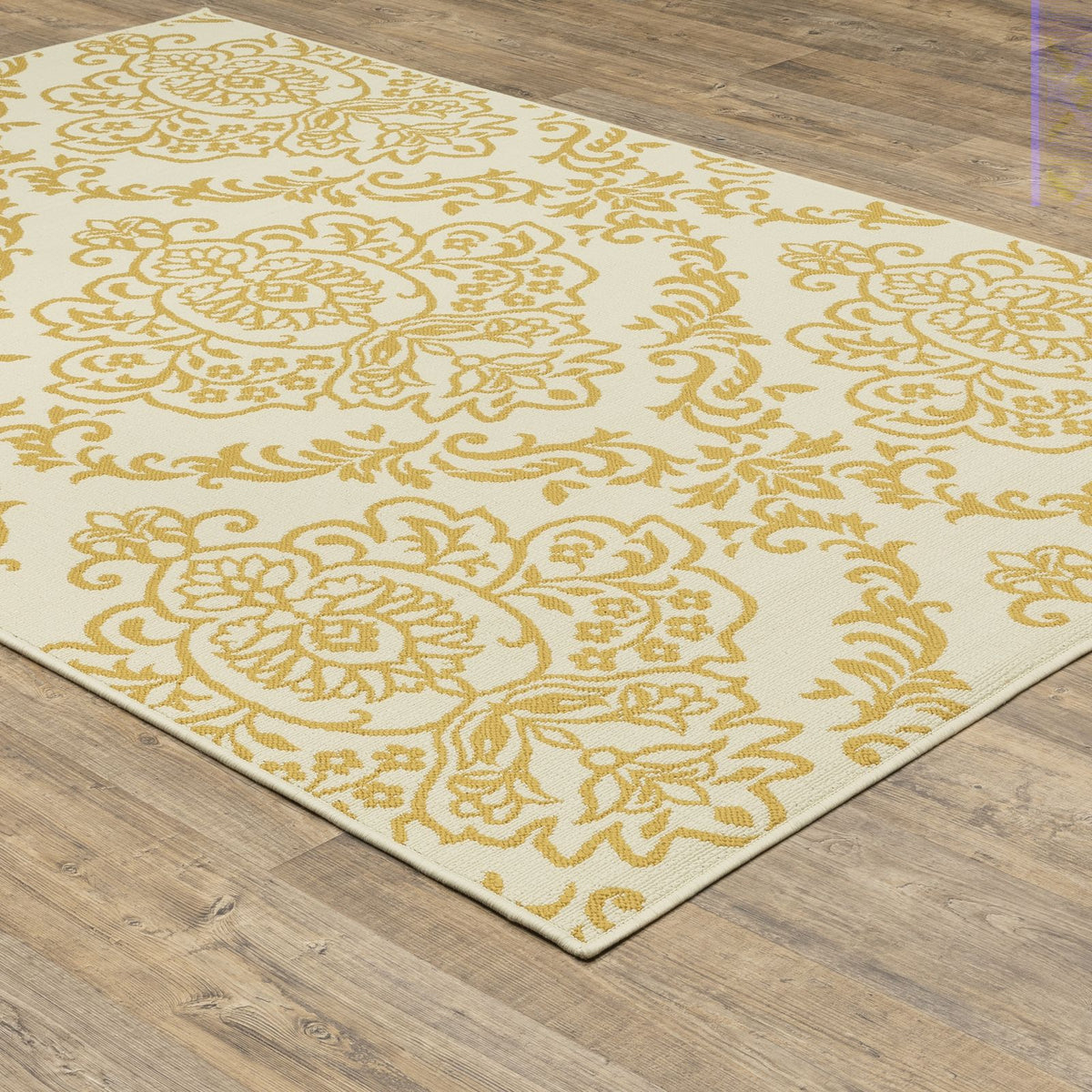 Oriental Weavers Bali 8424J Ivory/Gold Rectangle Indoor / Outdoor Area Rug - Trendy Stain Resistant Machine Made Patio Rug with Floral Pattern