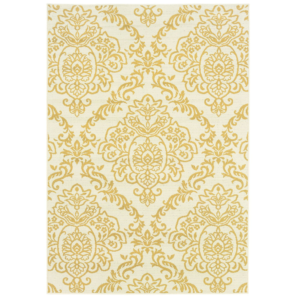 Oriental Weavers Bali 8424J Ivory/Gold Rectangle Indoor / Outdoor Area Rug - Trendy Stain Resistant Machine Made Patio Rug with Floral Pattern