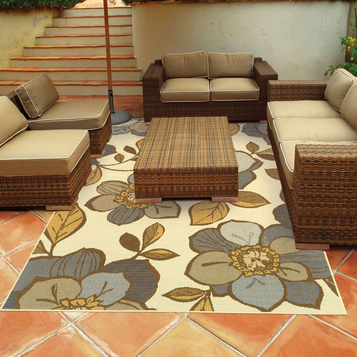 Oriental Weavers Bali 9448M Ivory/Grey Rectangle Indoor / Outdoor Area Rug - Trendy Stain Resistant Machine Made Patio Rug with Floral Pattern