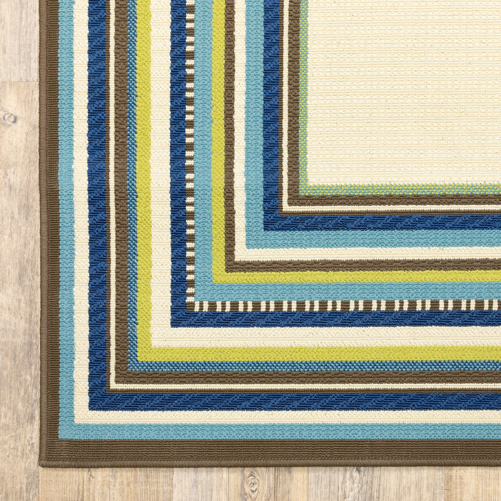 Oriental Weavers Caspian 1003X Ivory/Blue Rectangle Indoor / Outdoor Runner - Durable Stain Resistant Machine Made Entryway &amp; Hallway Runner with Border Pattern
