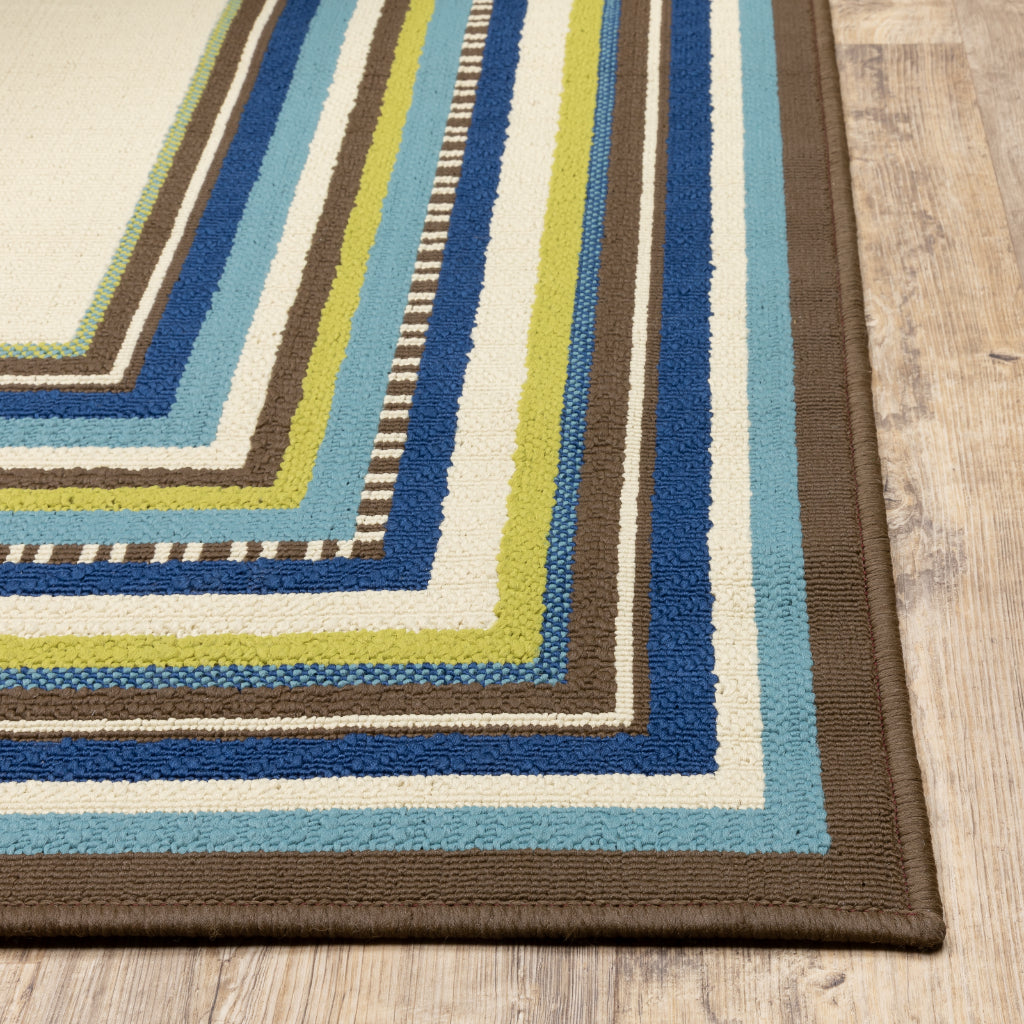 Oriental Weavers Caspian 1003X Ivory/Blue Rectangle Indoor / Outdoor Runner - Durable Stain Resistant Machine Made Entryway &amp; Hallway Runner with Border Pattern