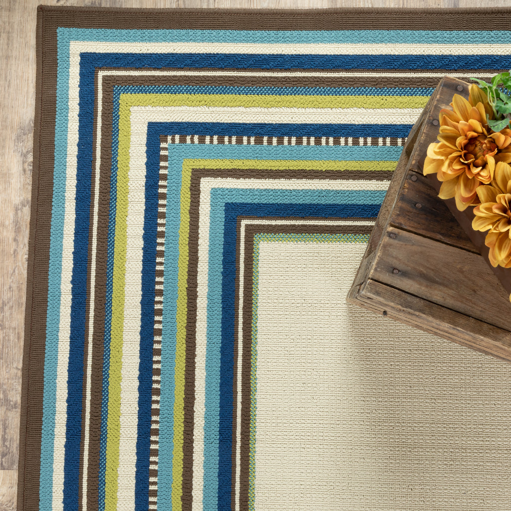 Oriental Weavers Caspian 1003X Ivory/Blue Rectangle Indoor / Outdoor Runner - Durable Stain Resistant Machine Made Entryway &amp; Hallway Runner with Border Pattern