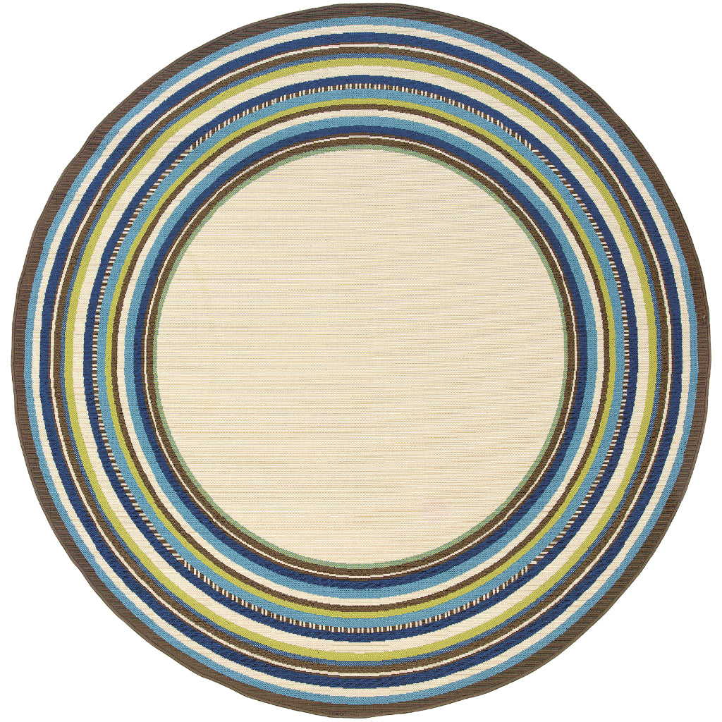 Oriental Weavers Caspian 1003X Ivory/Blue Round Indoor / Outdoor Area Rug - Durable Stain Resistant Machine Made Rug for Dining &amp; Living Spaces