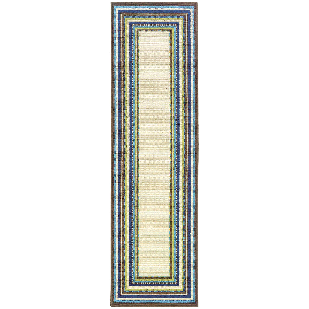 Oriental Weavers Caspian 1003X Ivory/Blue Rectangle Indoor / Outdoor Runner - Durable Stain Resistant Machine Made Entryway &amp; Hallway Runner with Border Pattern