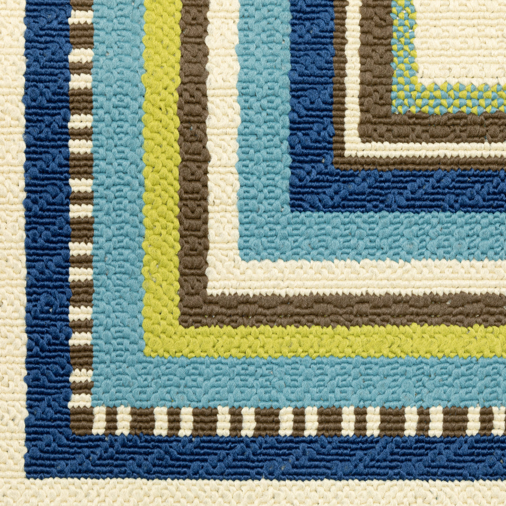 Oriental Weavers Caspian 1003X Ivory/Blue Rectangle Indoor / Outdoor Runner - Durable Stain Resistant Machine Made Entryway &amp; Hallway Runner with Border Pattern