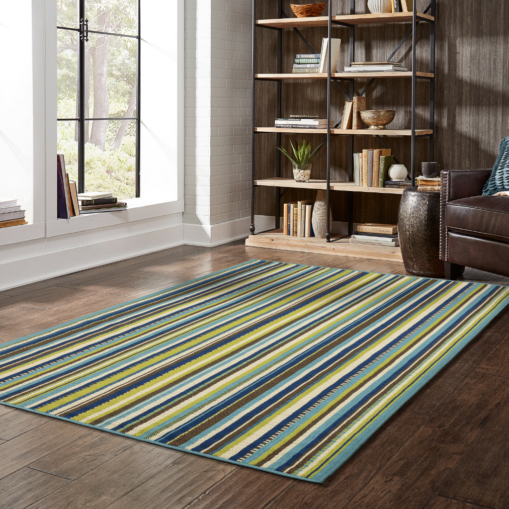 Oriental Weavers Caspian 1004X Blue/Brown Rectangle Indoor / Outdoor Area Rug - Durable Stain Resistant Machine Made Patio Rug with Striped Pattern-