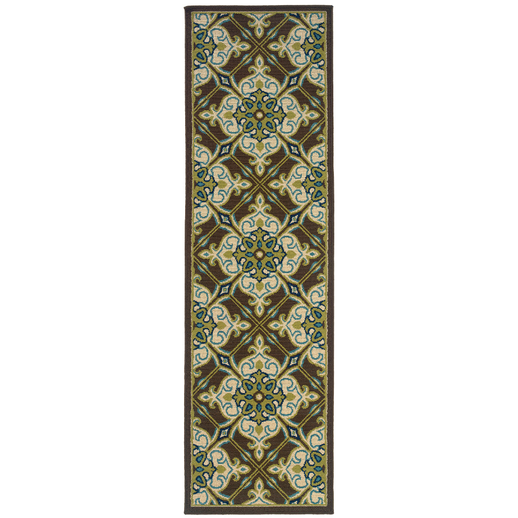 Oriental Weavers Caspian 1005D Brown/Ivory Rectangle Indoor / Outdoor Runner - Durable Stain Resistant Machine Made Entryway &amp; Hallway Runner with Trellis Pattern