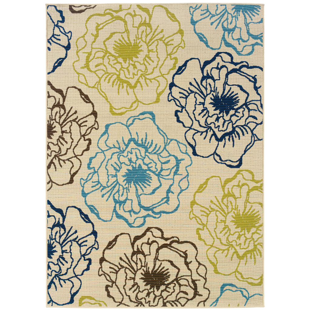 Oriental Weavers Caspian 3065Y Ivory/Blue Rectangle Indoor / Outdoor Area Rug - Durable Stain Resistant Machine Made Patio Rug with Floral Pattern