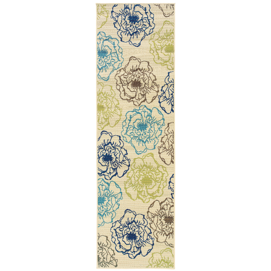 Oriental Weavers Caspian 3065Y Ivory/Blue Rectangle Indoor / Outdoor Runner - Durable Stain Resistant Machine Made Entryway &amp; Hallway Runner with Floral Pattern