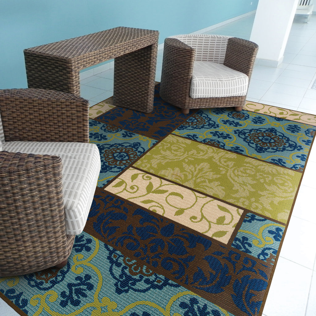 Oriental Weavers Caspian 3066V Brown/Blue Rectangle Indoor / Outdoor Area Rug - Durable Stain Resistant Machine Made Patio Rug with Patchwork Pattern-