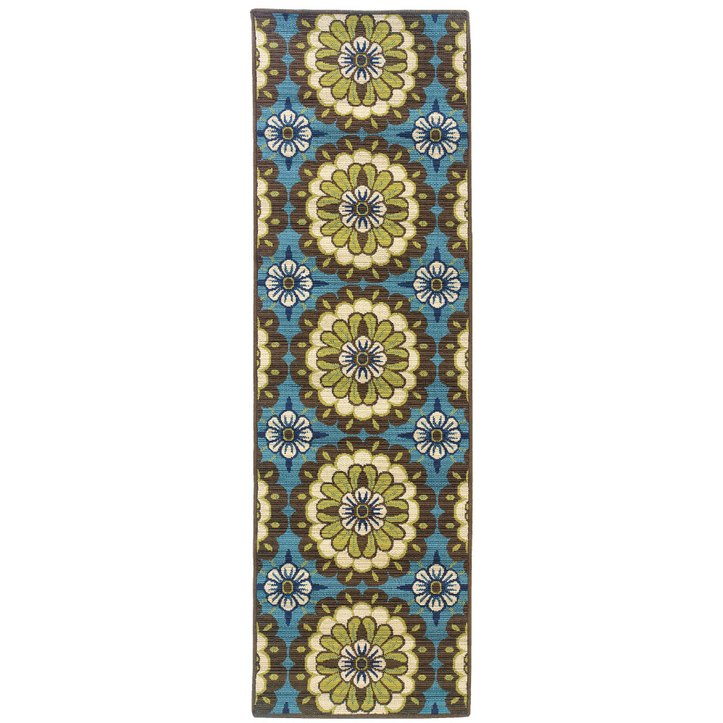 Oriental Weavers Caspian 8328L Blue/Brown Rectangle Indoor / Outdoor Runner - Durable Stain Resistant Machine Made Entryway &amp; Hallway Runner with Floral Pattern