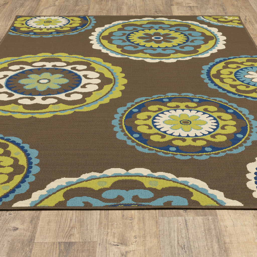 Oriental Weavers Caspian 859D6 Brown/Green Rectangle Indoor / Outdoor Area Rug - Durable Stain Resistant Machine Made Patio Rug with Medallion Pattern