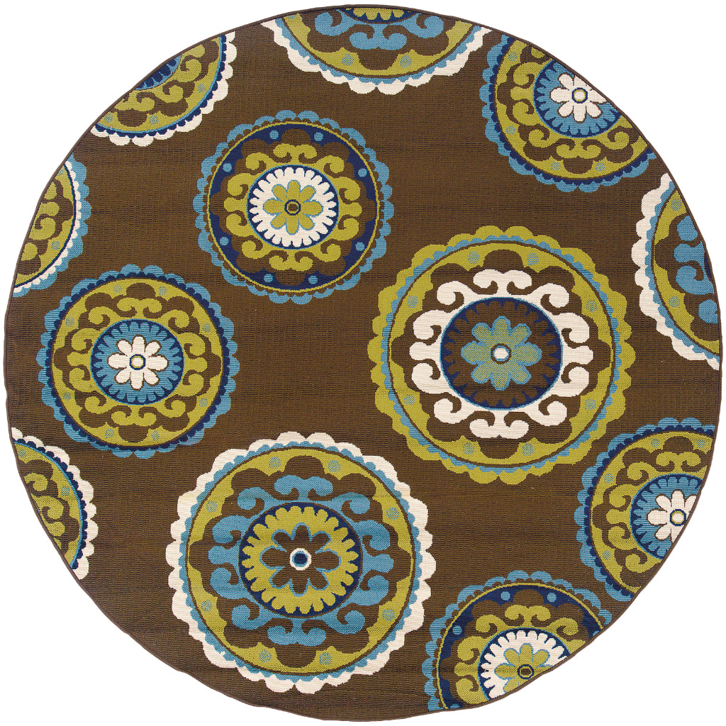 Oriental Weavers Caspian 859D6 Brown/Green Round Indoor / Outdoor Area Rug - Durable Stain Resistant Machine Made Rug for Dining &amp; Living Spaces