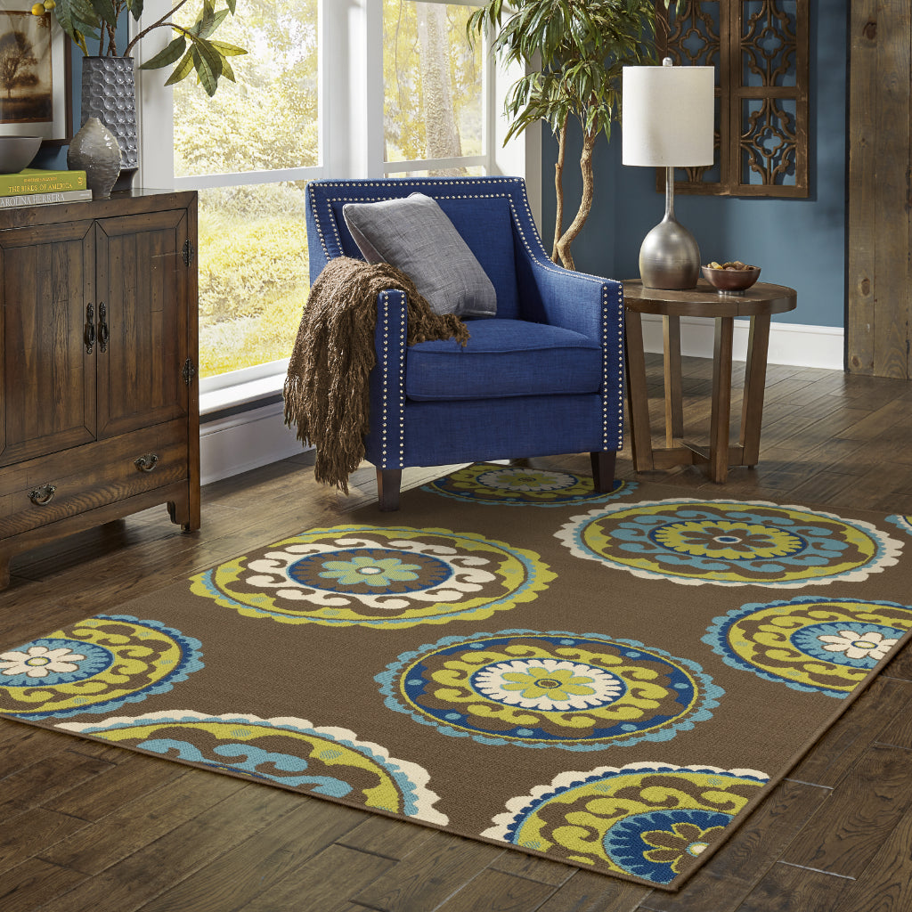 Oriental Weavers Caspian 859D6 Brown/Green Rectangle Indoor / Outdoor Area Rug - Durable Stain Resistant Machine Made Patio Rug with Medallion Pattern