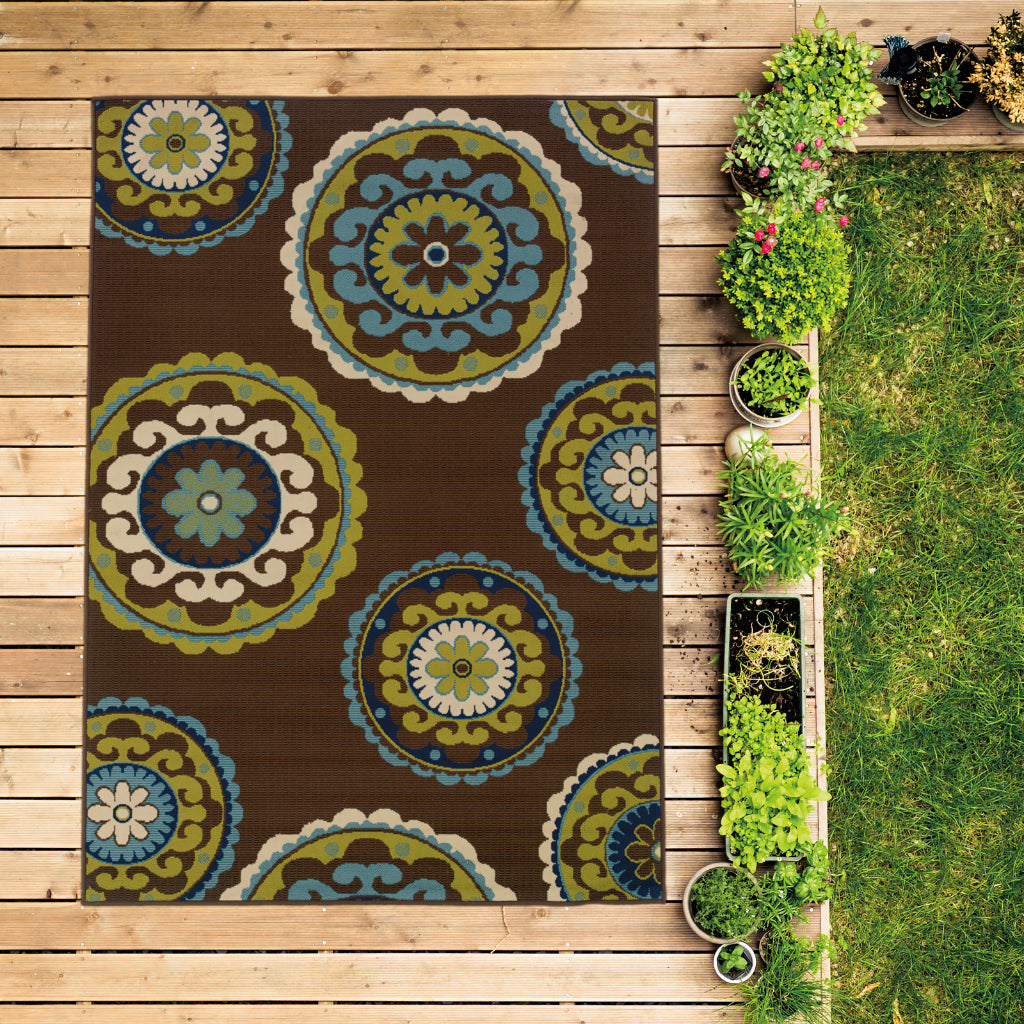 Oriental Weavers Caspian 859D6 Brown/Green Rectangle Indoor / Outdoor Area Rug - Durable Stain Resistant Machine Made Patio Rug with Medallion Pattern