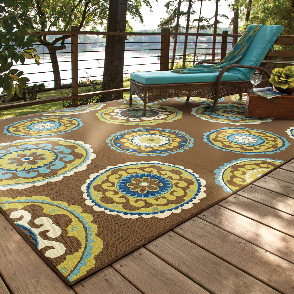 Oriental Weavers Caspian 859D6 Brown/Green Rectangle Indoor / Outdoor Area Rug - Durable Stain Resistant Machine Made Patio Rug with Medallion Pattern