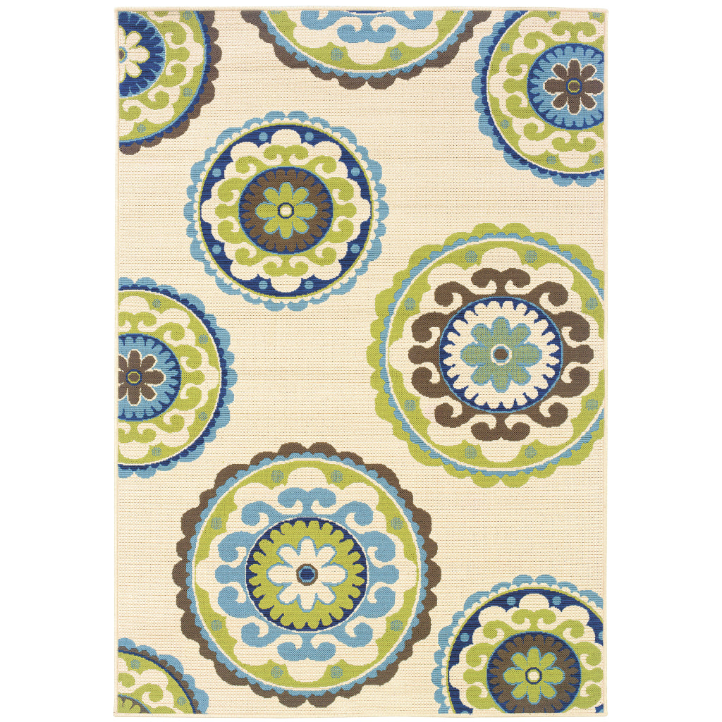 Oriental Weavers Caspian 859J6 Ivory/Green Rectangle Indoor / Outdoor Area Rug - Durable Stain Resistant Machine Made Patio Rug with Medallion Pattern