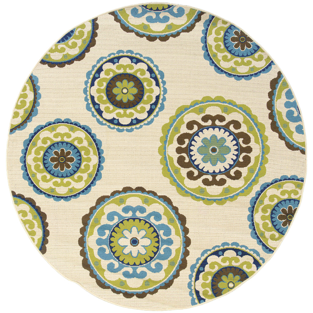 Oriental Weavers Caspian 859J6 Ivory/Green Round Indoor / Outdoor Area Rug - Durable Stain Resistant Machine Made Rug for Dining &amp; Living Spaces