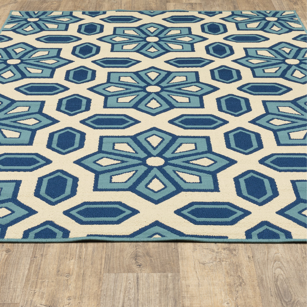 Oriental Weavers Caspian 969W6 Ivory/Blue Rectangle Indoor / Outdoor Area Rug - Durable Stain Resistant Machine Made Patio Rug with Geometric Pattern