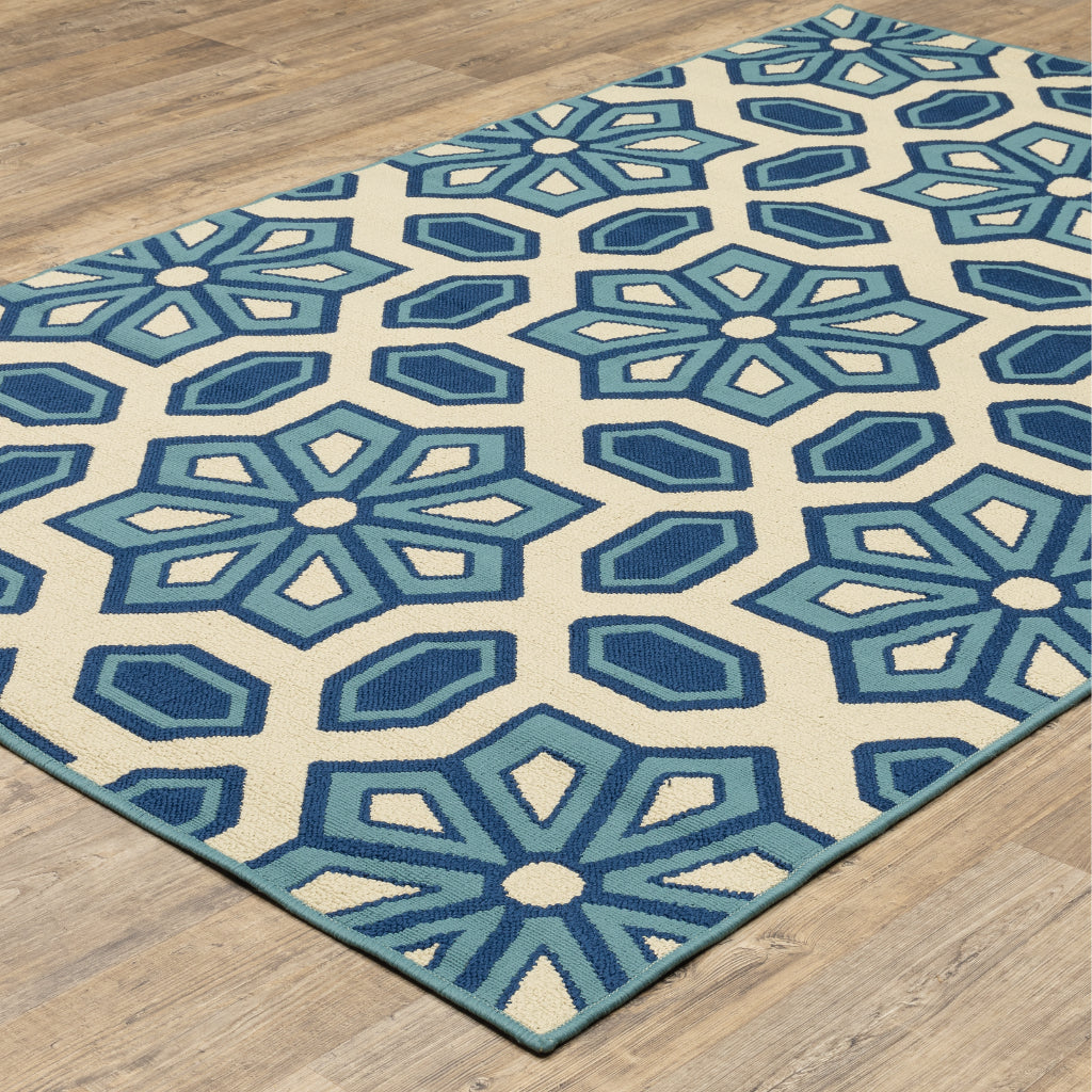 Oriental Weavers Caspian 969W6 Ivory/Blue Rectangle Indoor / Outdoor Area Rug - Durable Stain Resistant Machine Made Patio Rug with Geometric Pattern