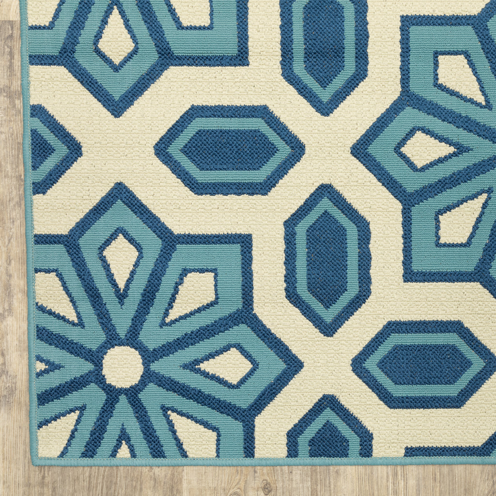 Oriental Weavers Caspian 969W6 Ivory/Blue Rectangle Indoor / Outdoor Area Rug - Durable Stain Resistant Machine Made Patio Rug with Geometric Pattern