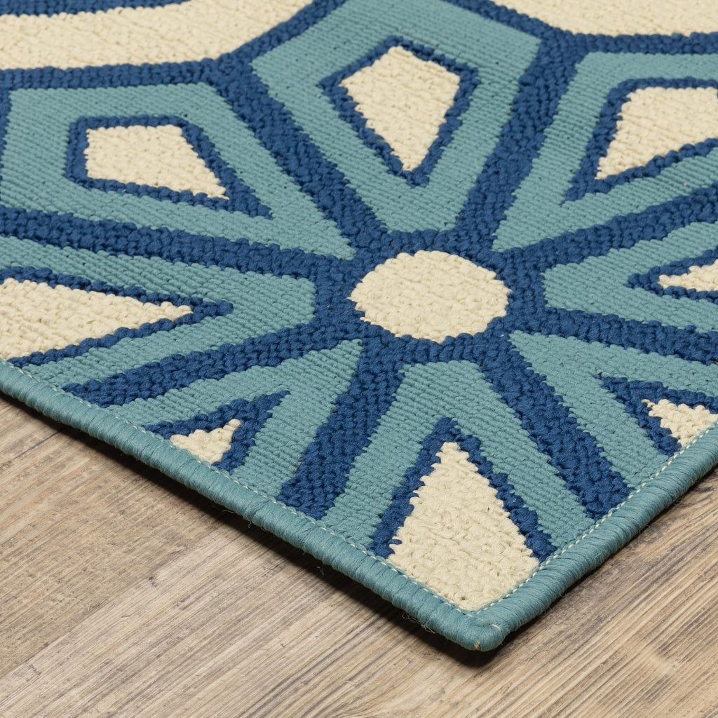 Oriental Weavers Caspian 969W6 Ivory/Blue Rectangle Indoor / Outdoor Area Rug - Durable Stain Resistant Machine Made Patio Rug with Geometric Pattern