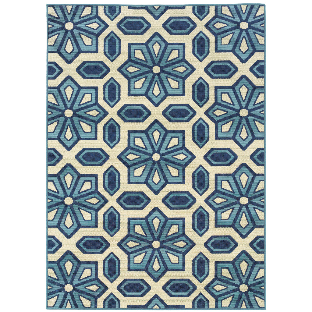 Oriental Weavers Caspian 969W6 Ivory/Blue Rectangle Indoor / Outdoor Area Rug - Durable Stain Resistant Machine Made Patio Rug with Geometric Pattern