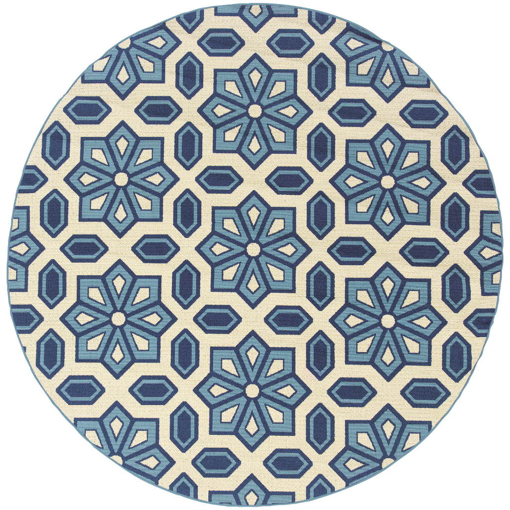 Oriental Weavers Caspian 969W6 Ivory/Blue Round Indoor / Outdoor Area Rug - Durable Stain Resistant Machine Made Rug for Dining &amp; Living Spaces