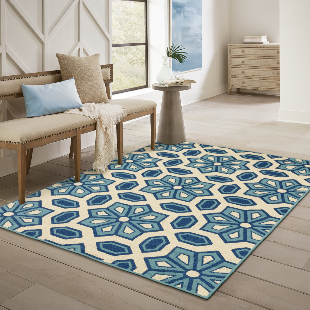 Oriental Weavers Caspian 969W6 Ivory/Blue Rectangle Indoor / Outdoor Area Rug - Durable Stain Resistant Machine Made Patio Rug with Geometric Pattern