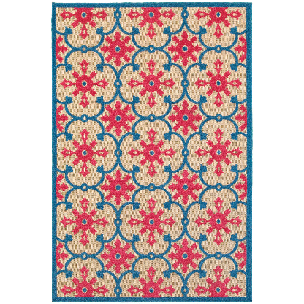 Oriental Weavers Cayman 190L9 Pink/Blue Rectangle Indoor / Outdoor Area Rug - Stain Resistant Machine Made Patio Rug with Medallion Pattern