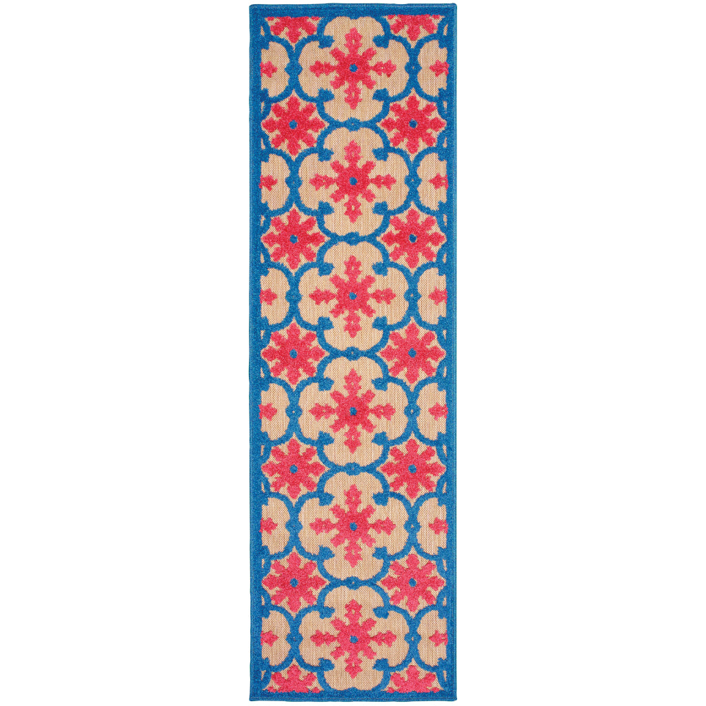 Oriental Weavers Cayman 190L9 Pink/Blue Rectangle Indoor / Outdoor Runner - Stain Resistant Machine Made Entryway &amp; Hallway Runner with Medallion Pattern