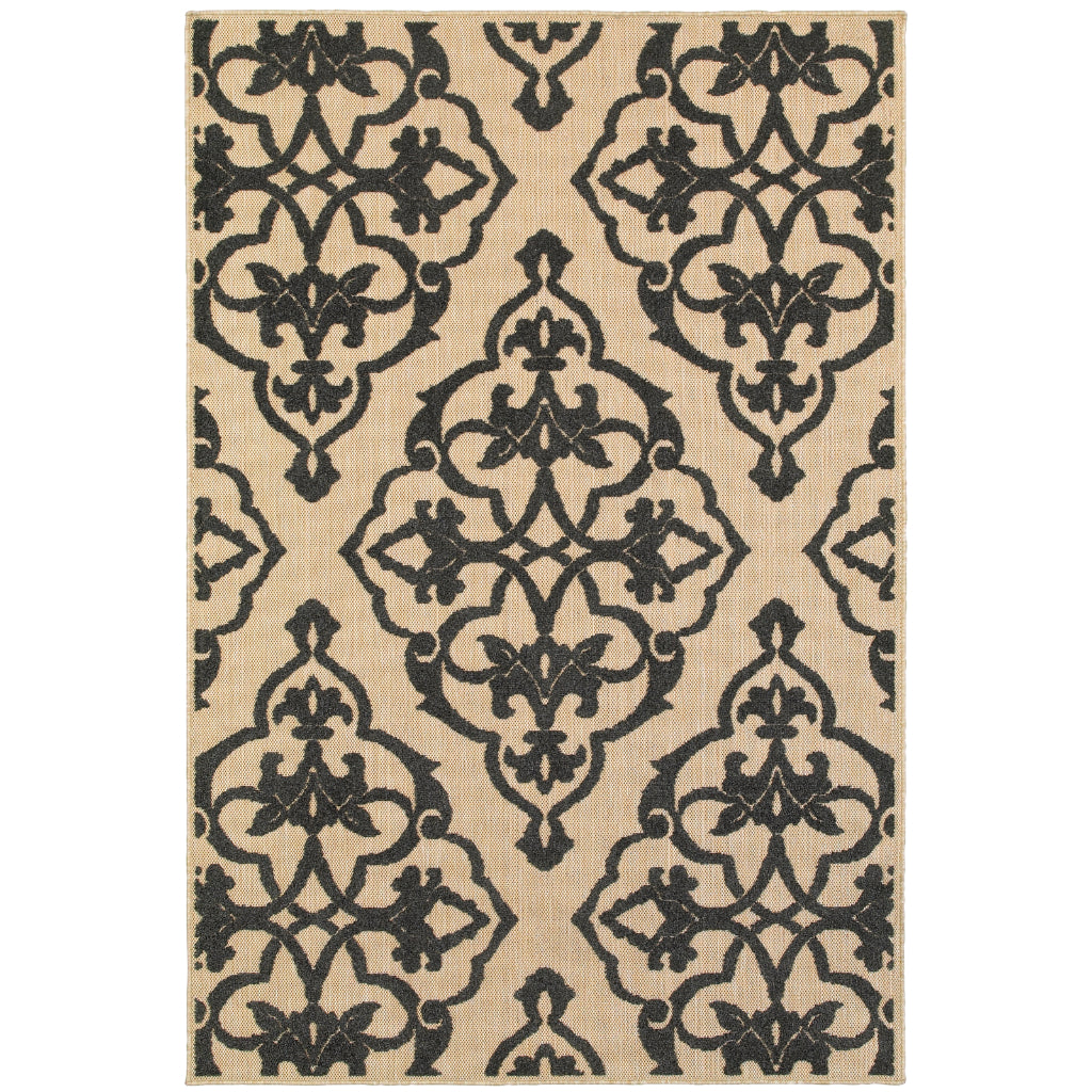 Oriental Weavers Cayman 001B9 Sand/Charcoal Rectangle Indoor / Outdoor Area Rug - Stain Resistant Machine Made Patio Rug with Medallion Pattern