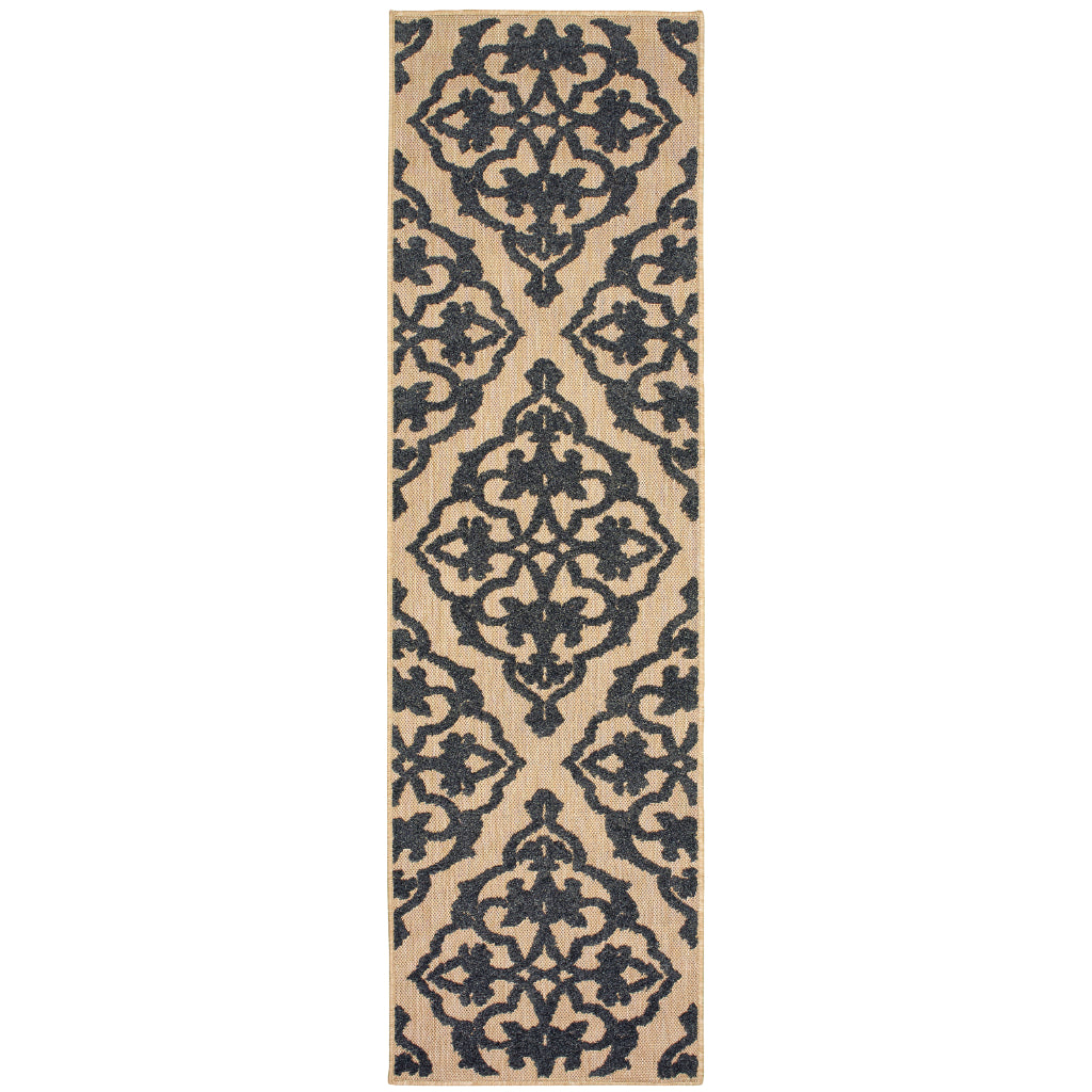 Oriental Weavers Cayman 001B9 Sand/Charcoal Rectangle Indoor / Outdoor Runner - Stain Resistant Machine Made Entryway &amp; Hallway Runner with Medallion Pattern