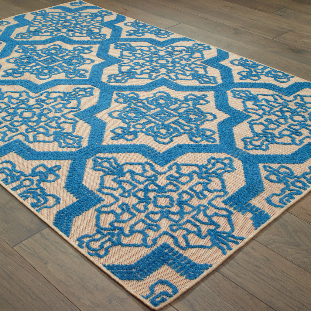 Oriental Weavers Cayman 2541M Sand/Blue Rectangle Indoor / Outdoor Area Rug - Stain Resistant Machine Made Patio Rug with Medallion Pattern