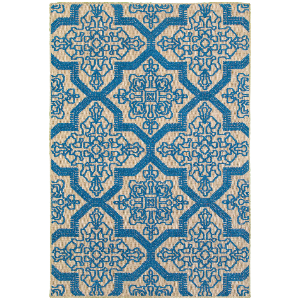 Oriental Weavers Cayman 2541M Sand/Blue Rectangle Indoor / Outdoor Area Rug - Stain Resistant Machine Made Patio Rug with Medallion Pattern